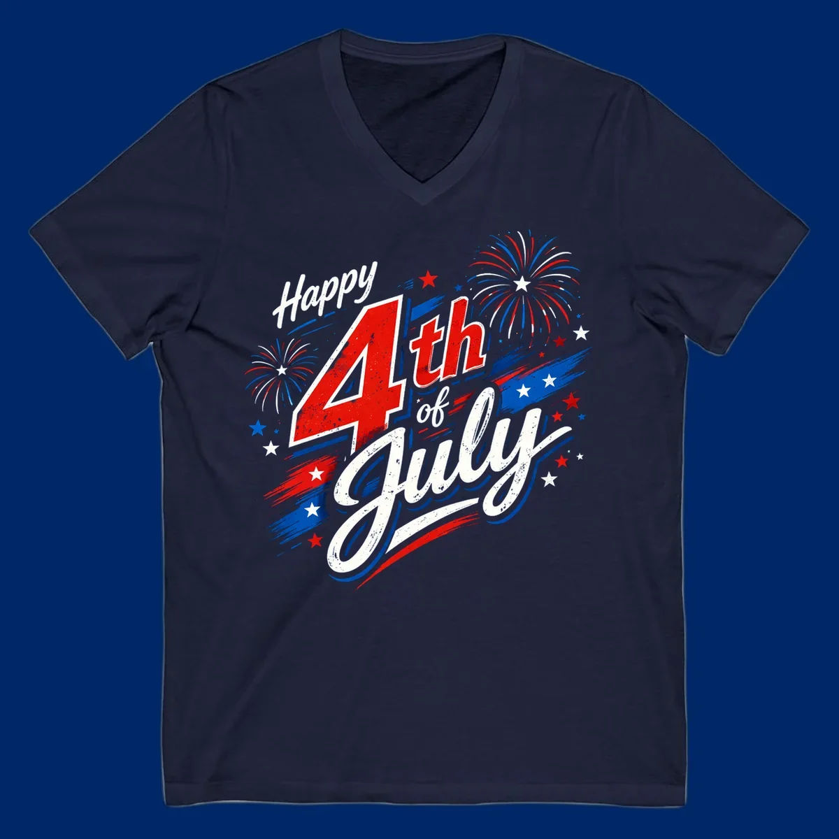 A distressed patriotic design with 'Happy 4th of July' text, fireworks, and stars in red, white, and blue. happy-4th-july-fireworks concept.