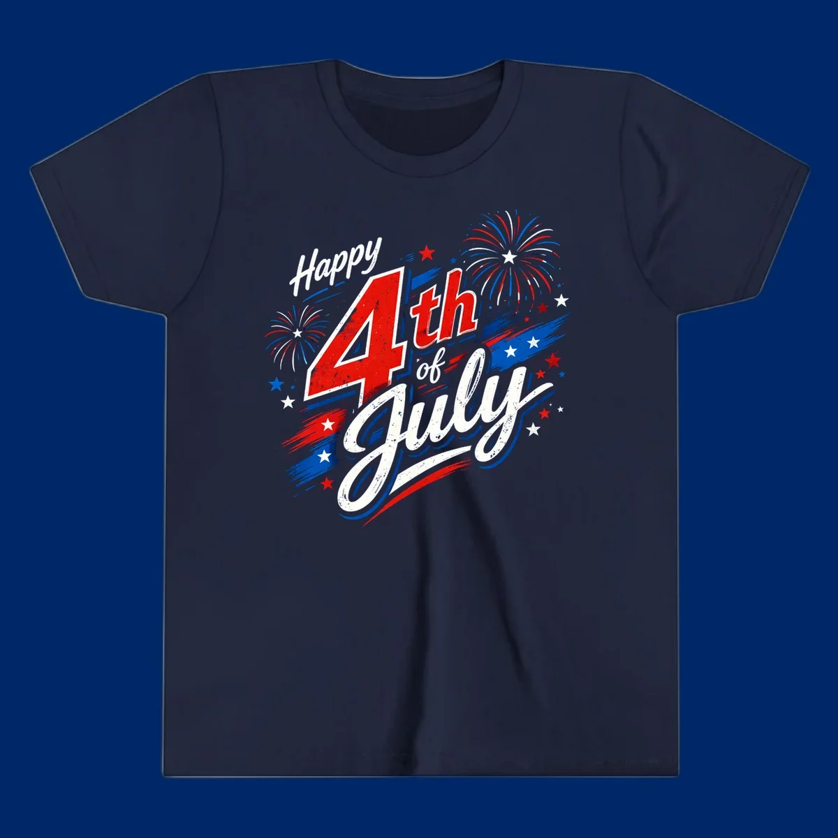 A distressed patriotic design with 'Happy 4th of July' text, fireworks, and stars in red, white, and blue. happy-4th-july-fireworks concept.