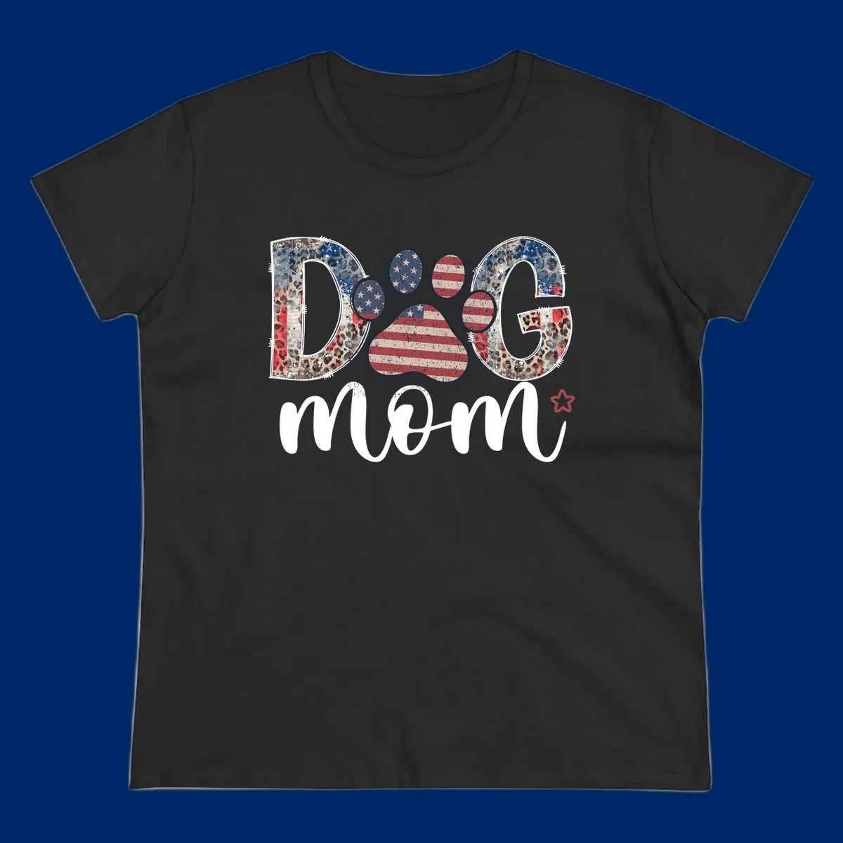 A graphic spelling 'DOG' with a patriotic-dog-paw-print. The 'D' and 'G' have leopard print and flag elements, and the 'O' is a flag paw print.