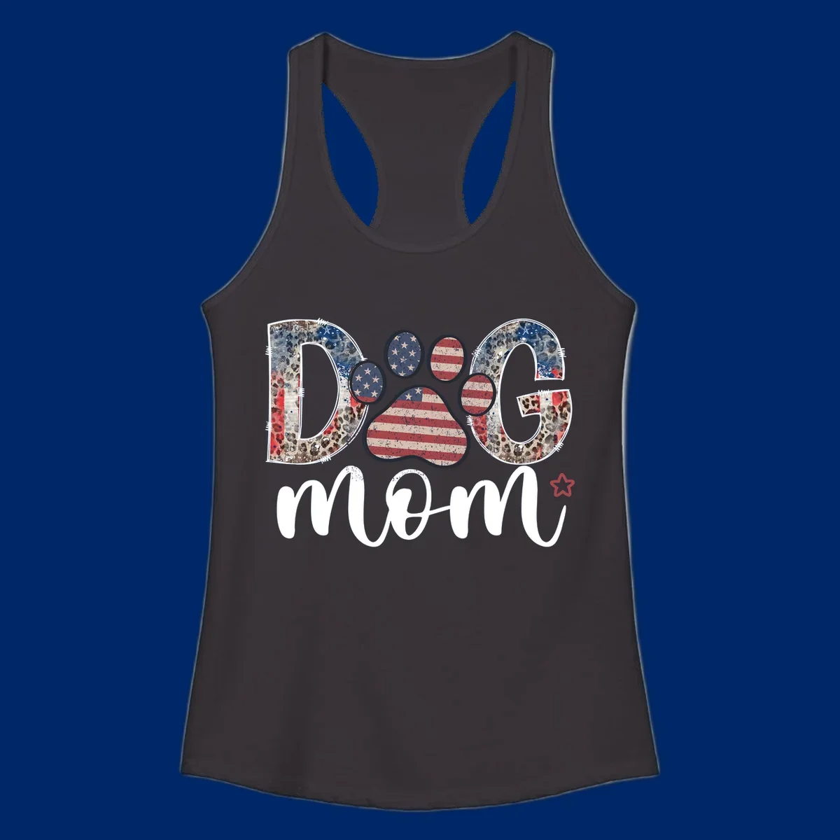 A graphic spelling 'DOG' with a patriotic-dog-paw-print. The 'D' and 'G' have leopard print and flag elements, and the 'O' is a flag paw print.