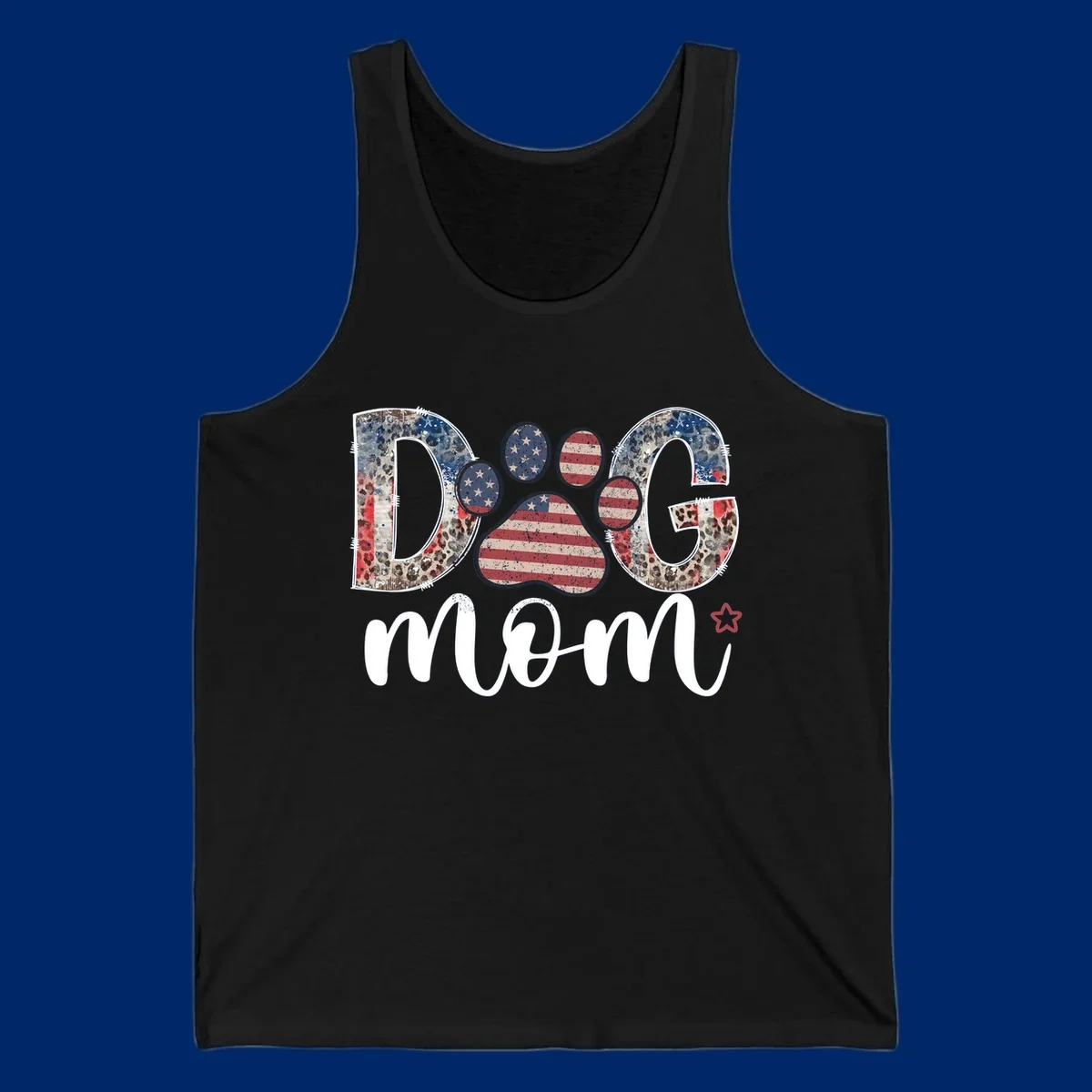 A graphic spelling 'DOG' with a patriotic-dog-paw-print. The 'D' and 'G' have leopard print and flag elements, and the 'O' is a flag paw print.