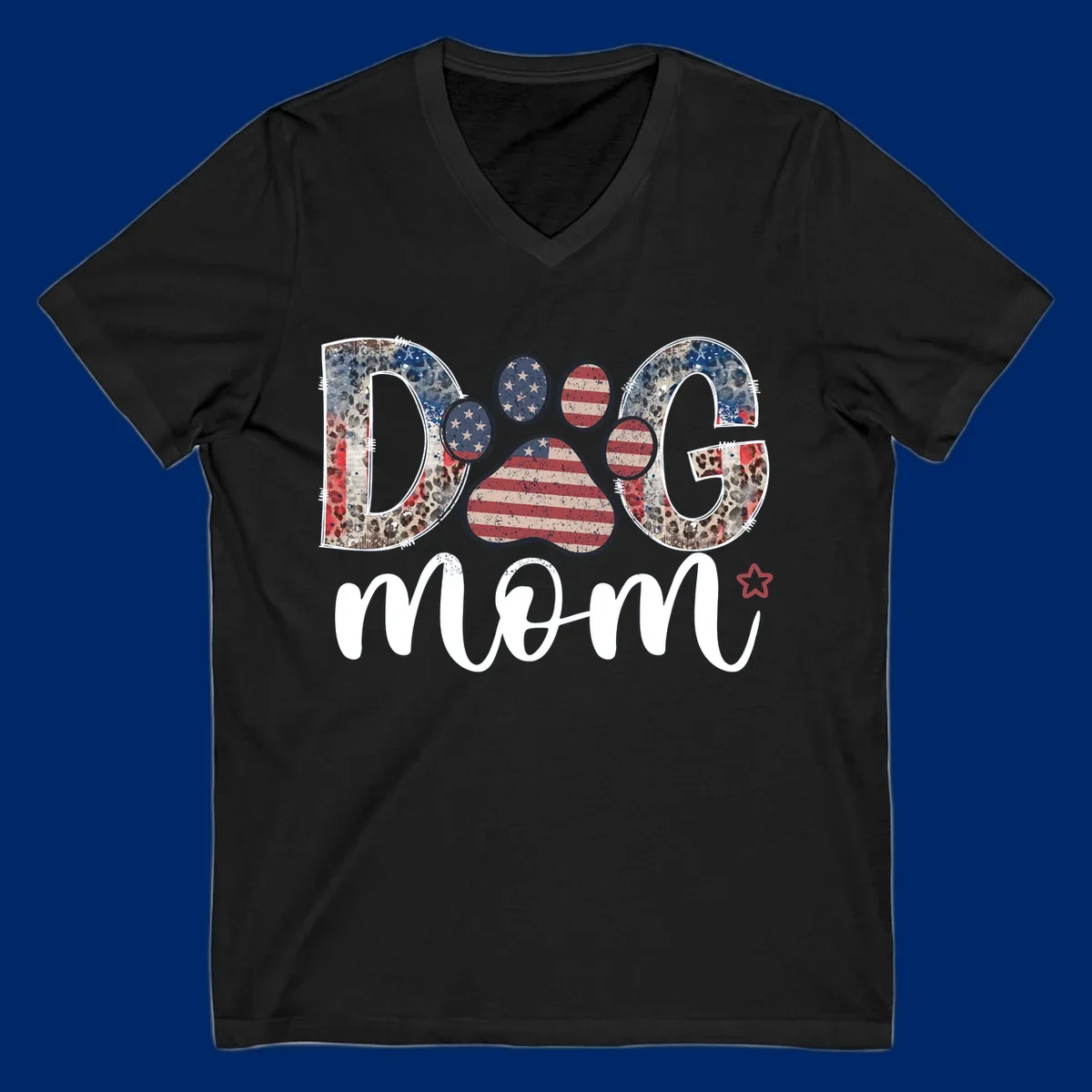 A graphic spelling 'DOG' with a patriotic-dog-paw-print. The 'D' and 'G' have leopard print and flag elements, and the 'O' is a flag paw print.