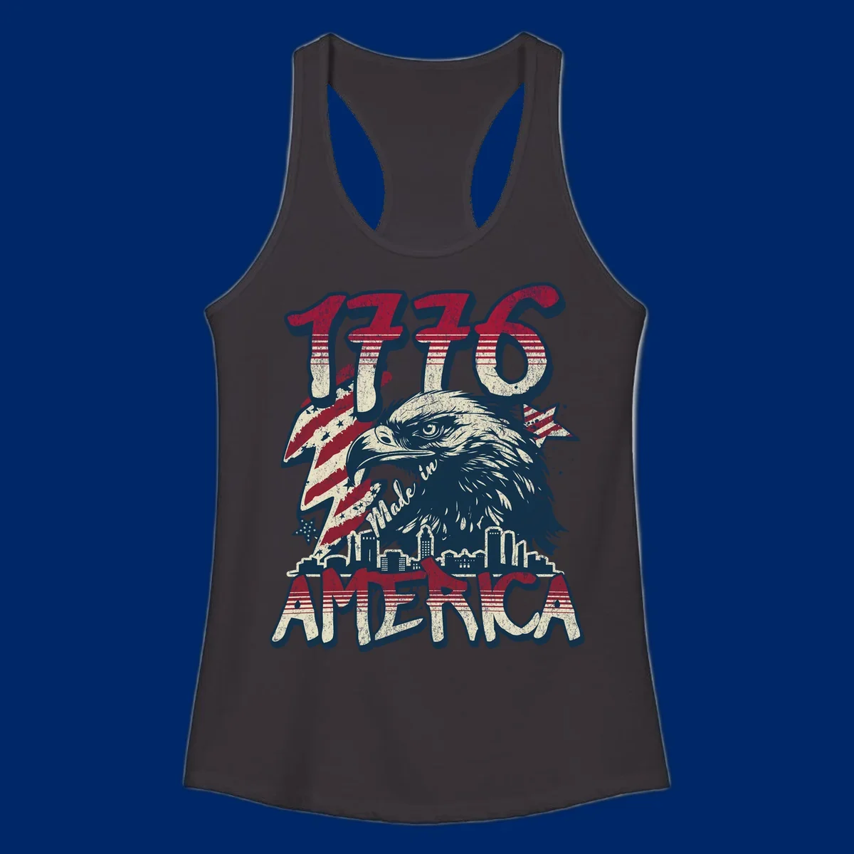 Vintage 1776 Made in America design with a bald eagle, city skyline, and American flag pattern. Features distressed red, cream, and navy colors.