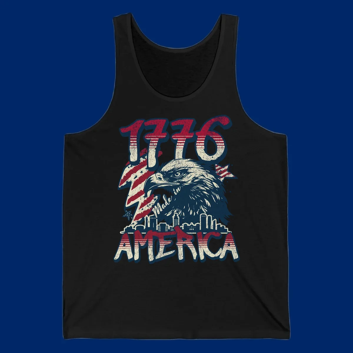 Vintage 1776 Made in America design with a bald eagle, city skyline, and American flag pattern. Features distressed red, cream, and navy colors.