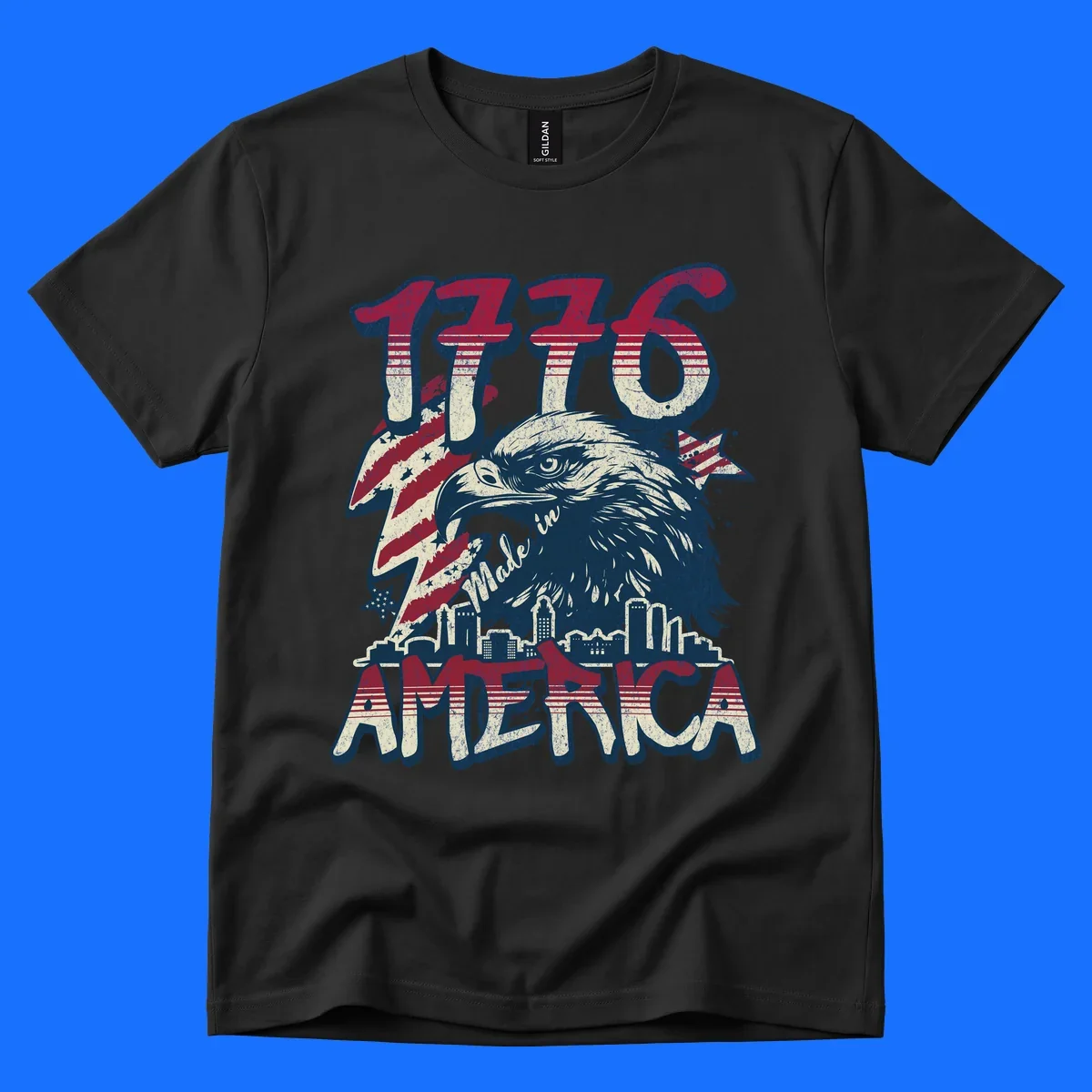 Vintage 1776 Made in America design with a bald eagle, city skyline, and American flag pattern. Features distressed red, cream, and navy colors.
