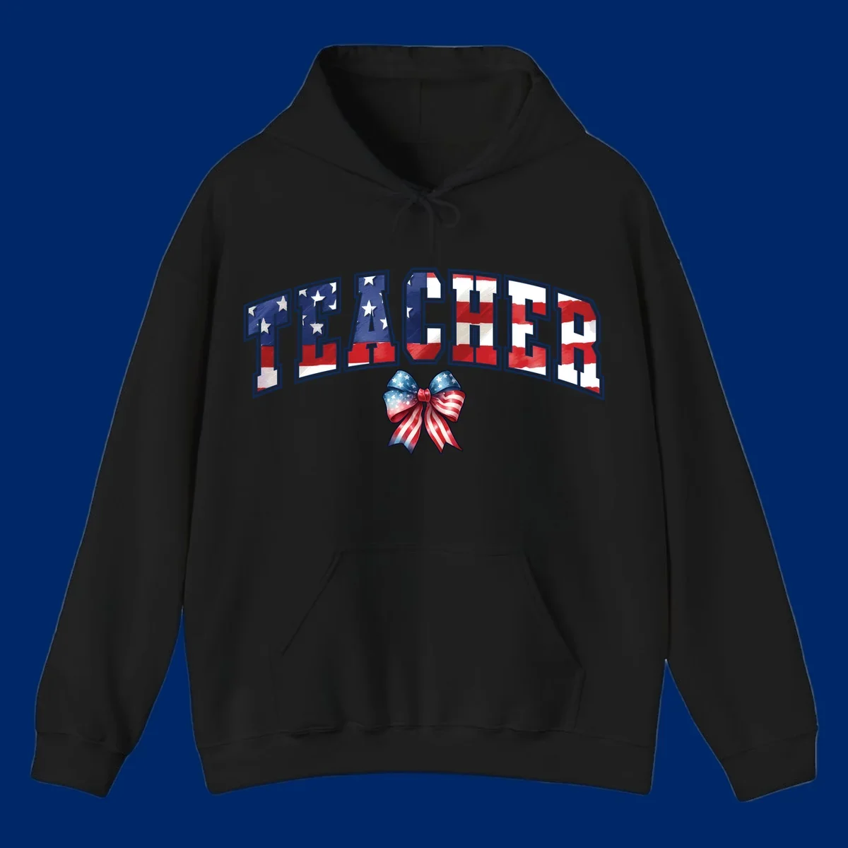 The word TEACHER in arched letters filled with an American flag pattern, featuring stars and stripes, with a patriotic bow below. Primary keyword root: patriotic-teacher-bow.