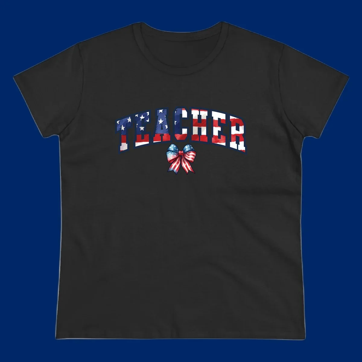 The word TEACHER in arched letters filled with an American flag pattern, featuring stars and stripes, with a patriotic bow below. Primary keyword root: patriotic-teacher-bow.