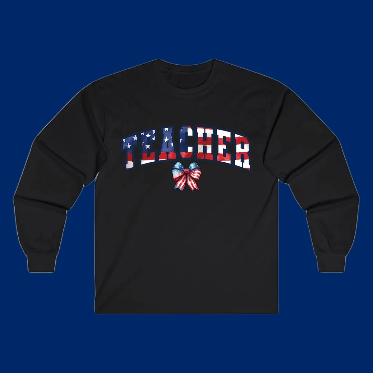 The word TEACHER in arched letters filled with an American flag pattern, featuring stars and stripes, with a patriotic bow below. Primary keyword root: patriotic-teacher-bow.