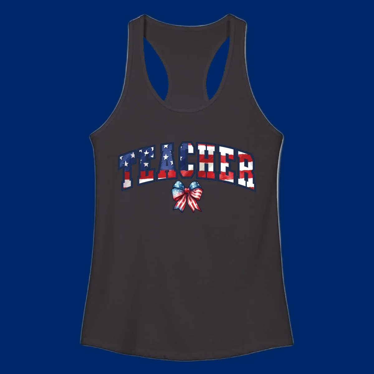 The word TEACHER in arched letters filled with an American flag pattern, featuring stars and stripes, with a patriotic bow below. Primary keyword root: patriotic-teacher-bow.
