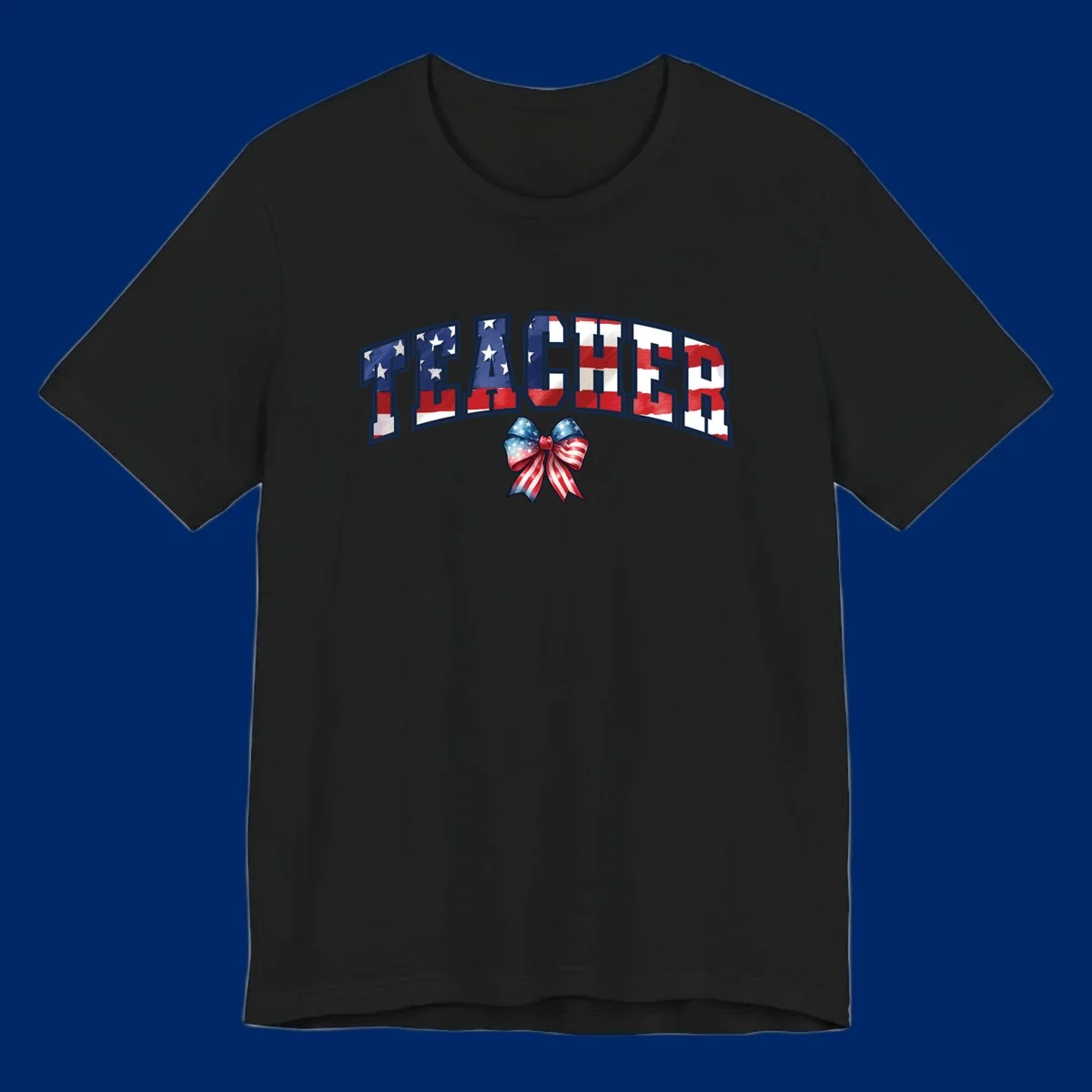 The word TEACHER in arched letters filled with an American flag pattern, featuring stars and stripes, with a patriotic bow below. Primary keyword root: patriotic-teacher-bow.