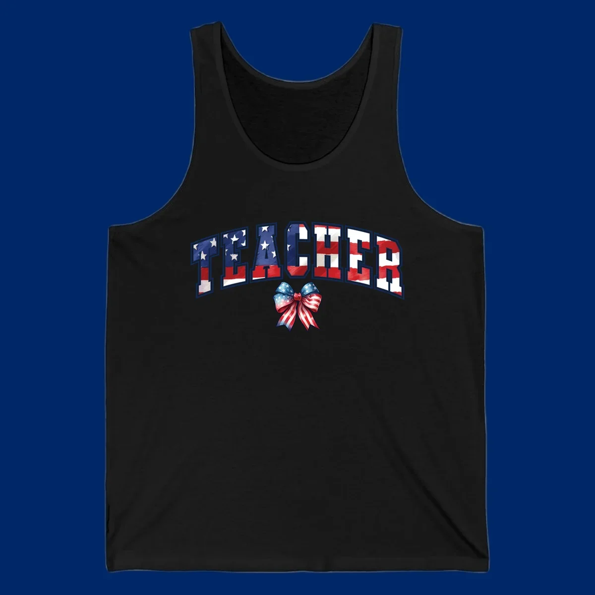 The word TEACHER in arched letters filled with an American flag pattern, featuring stars and stripes, with a patriotic bow below. Primary keyword root: patriotic-teacher-bow.