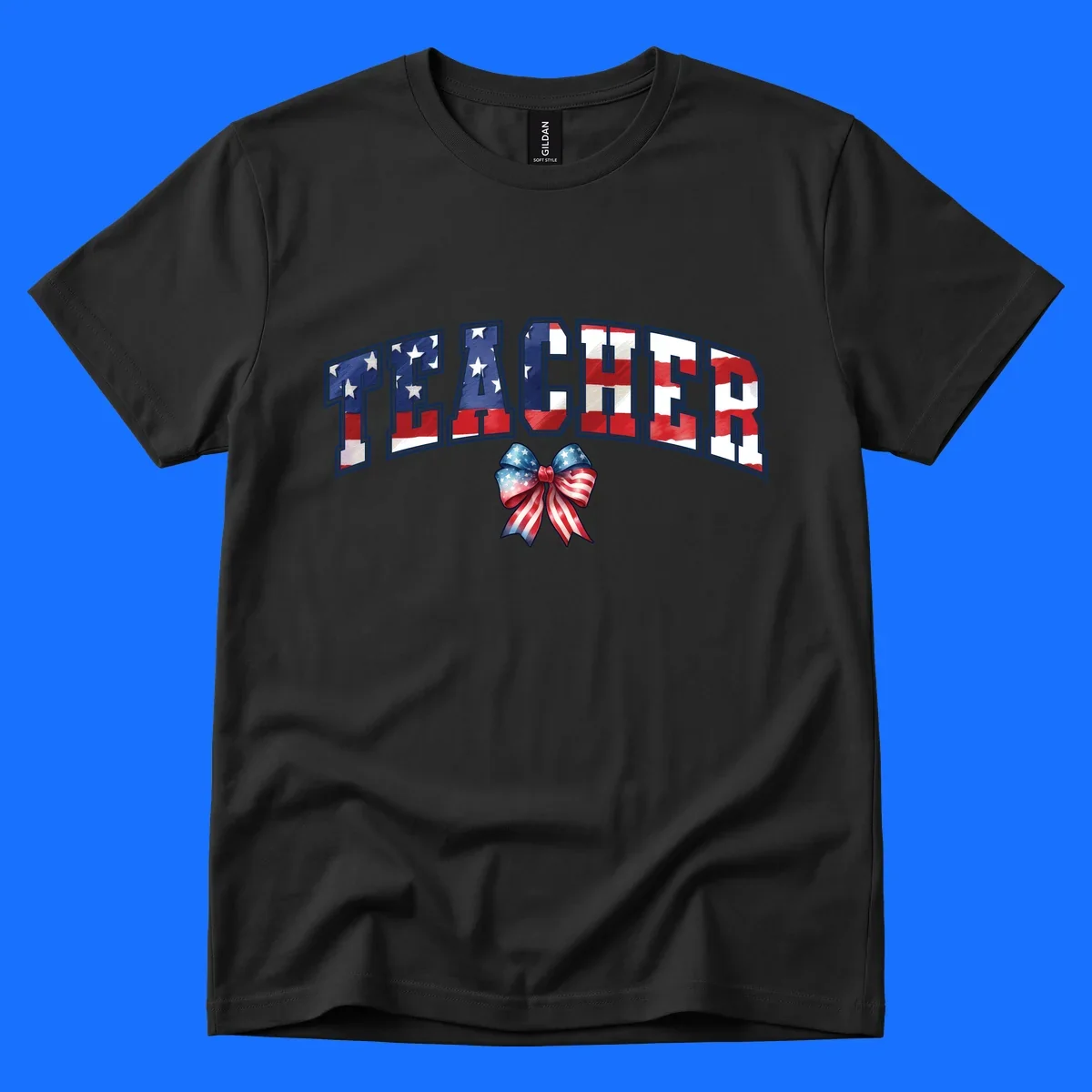 The word TEACHER in arched letters filled with an American flag pattern, featuring stars and stripes, with a patriotic bow below. Primary keyword root: patriotic-teacher-bow.