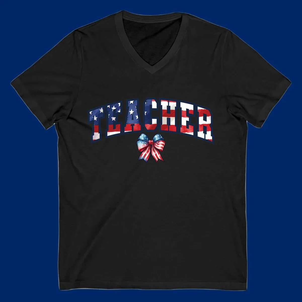 The word TEACHER in arched letters filled with an American flag pattern, featuring stars and stripes, with a patriotic bow below. Primary keyword root: patriotic-teacher-bow.
