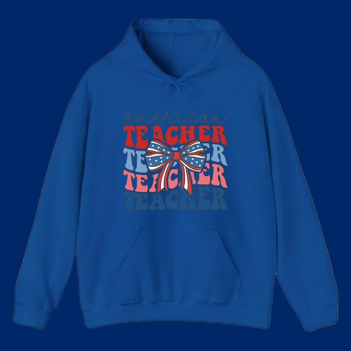 A graphic design reading 'american TEACHER' with the word TEACHER repeated four times, featuring a large patriotic American flag bow with stars and stripes. The text is in red, blue, and pink colors, outlined in dark gray.