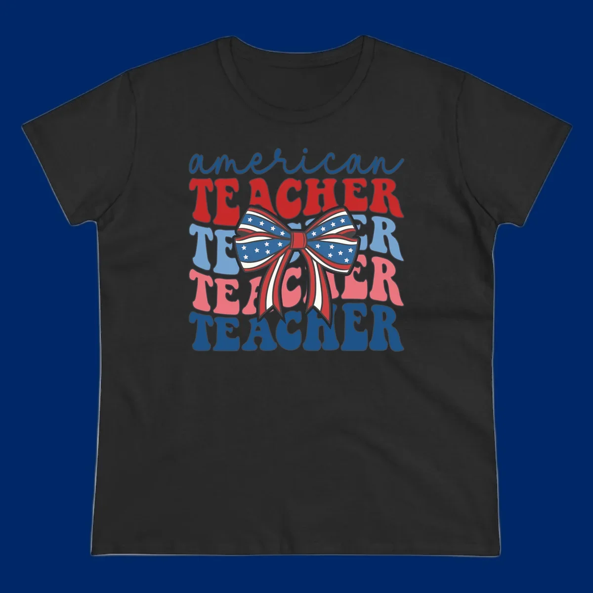 A graphic design reading 'american TEACHER' with the word TEACHER repeated four times, featuring a large patriotic American flag bow with stars and stripes. The text is in red, blue, and pink colors, outlined in dark gray.