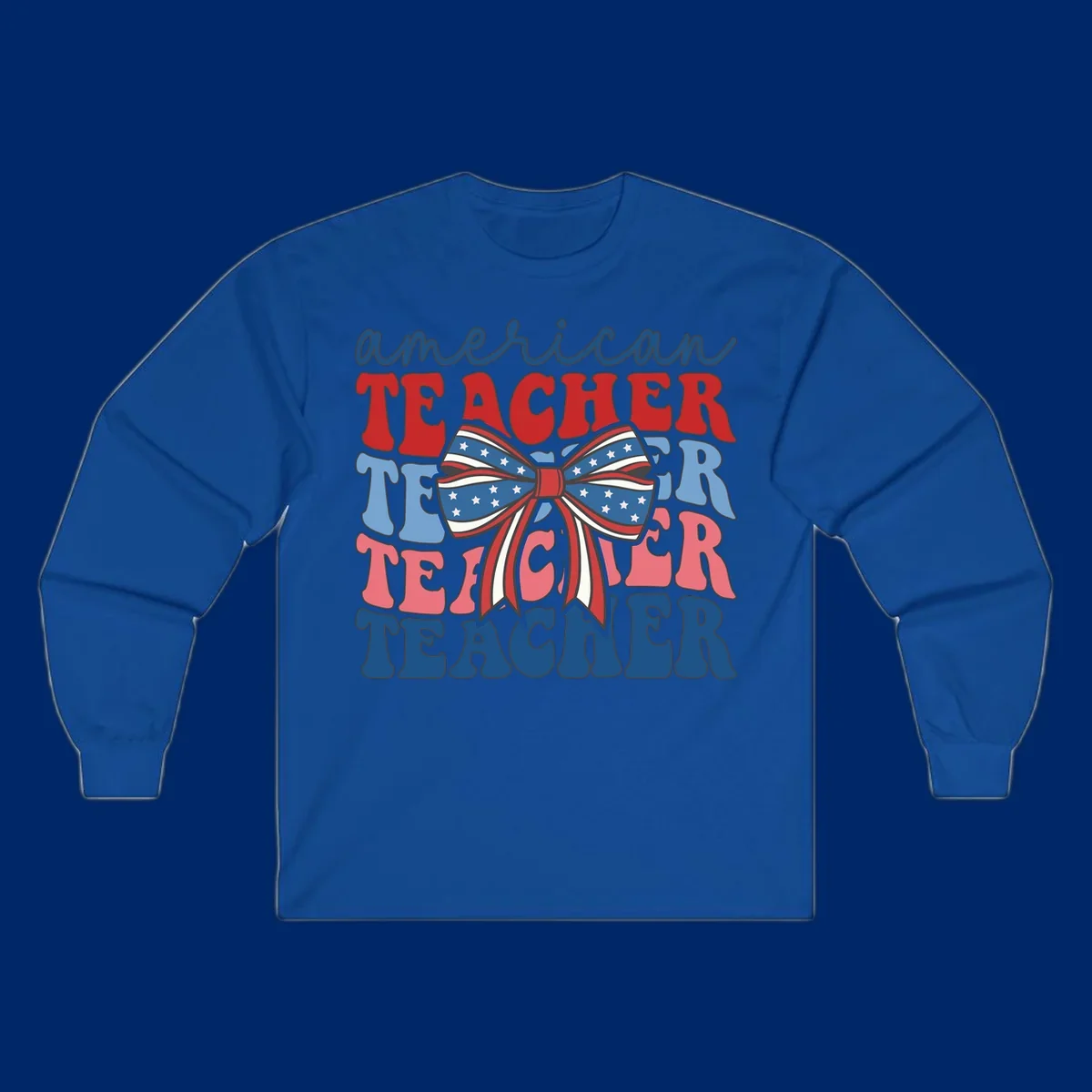 A graphic design reading 'american TEACHER' with the word TEACHER repeated four times, featuring a large patriotic American flag bow with stars and stripes. The text is in red, blue, and pink colors, outlined in dark gray.