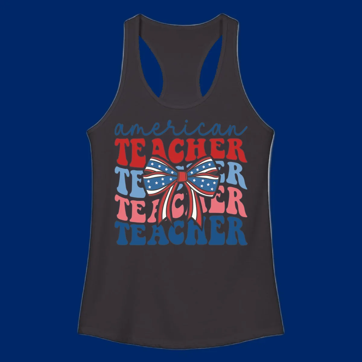 A graphic design reading 'american TEACHER' with the word TEACHER repeated four times, featuring a large patriotic American flag bow with stars and stripes. The text is in red, blue, and pink colors, outlined in dark gray.