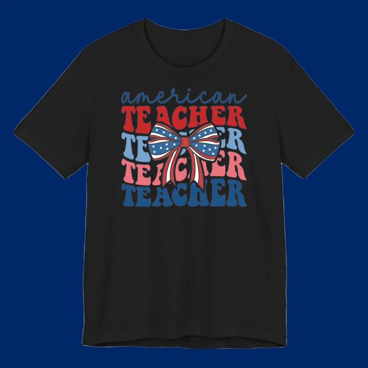 A graphic design reading 'american TEACHER' with the word TEACHER repeated four times, featuring a large patriotic American flag bow with stars and stripes. The text is in red, blue, and pink colors, outlined in dark gray.