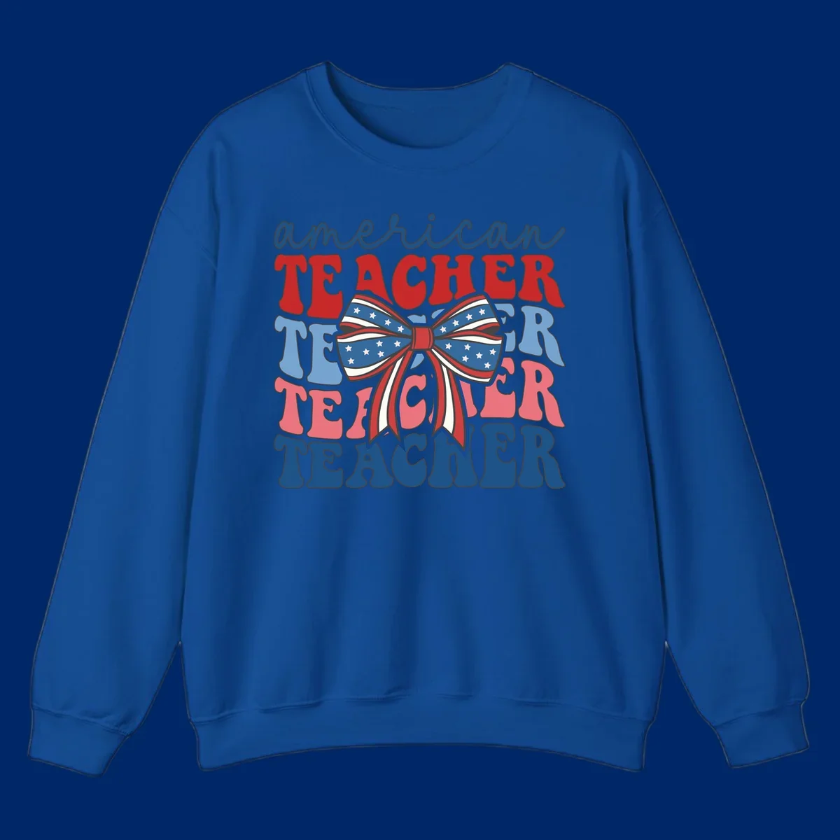 A graphic design reading 'american TEACHER' with the word TEACHER repeated four times, featuring a large patriotic American flag bow with stars and stripes. The text is in red, blue, and pink colors, outlined in dark gray.