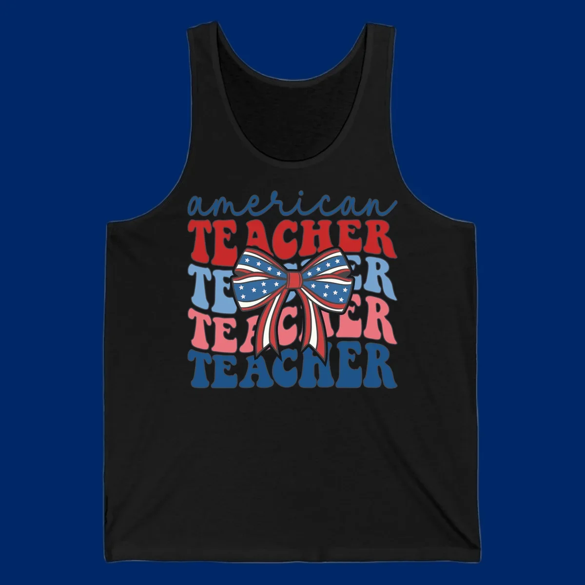 A graphic design reading 'american TEACHER' with the word TEACHER repeated four times, featuring a large patriotic American flag bow with stars and stripes. The text is in red, blue, and pink colors, outlined in dark gray.
