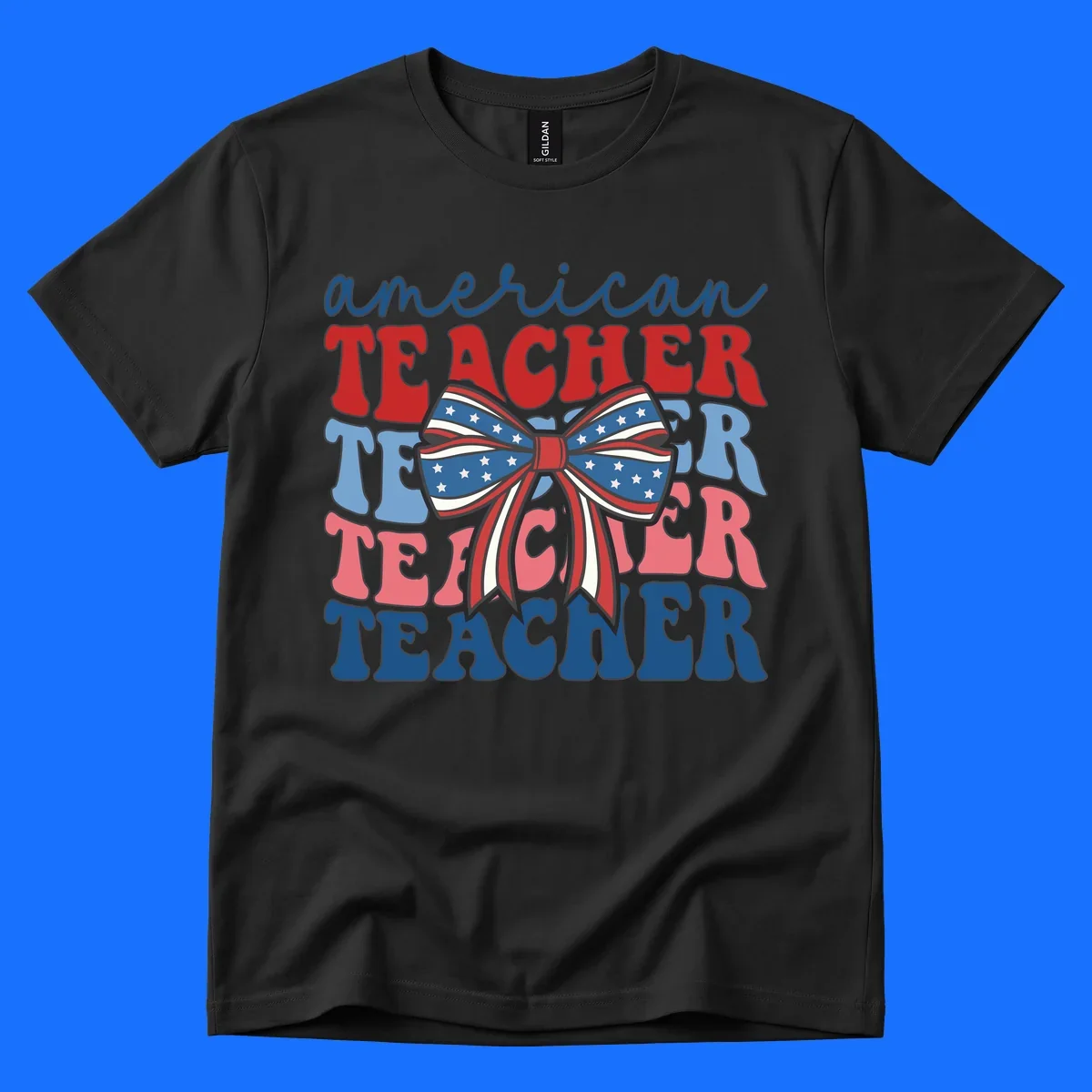 A graphic design reading 'american TEACHER' with the word TEACHER repeated four times, featuring a large patriotic American flag bow with stars and stripes. The text is in red, blue, and pink colors, outlined in dark gray.