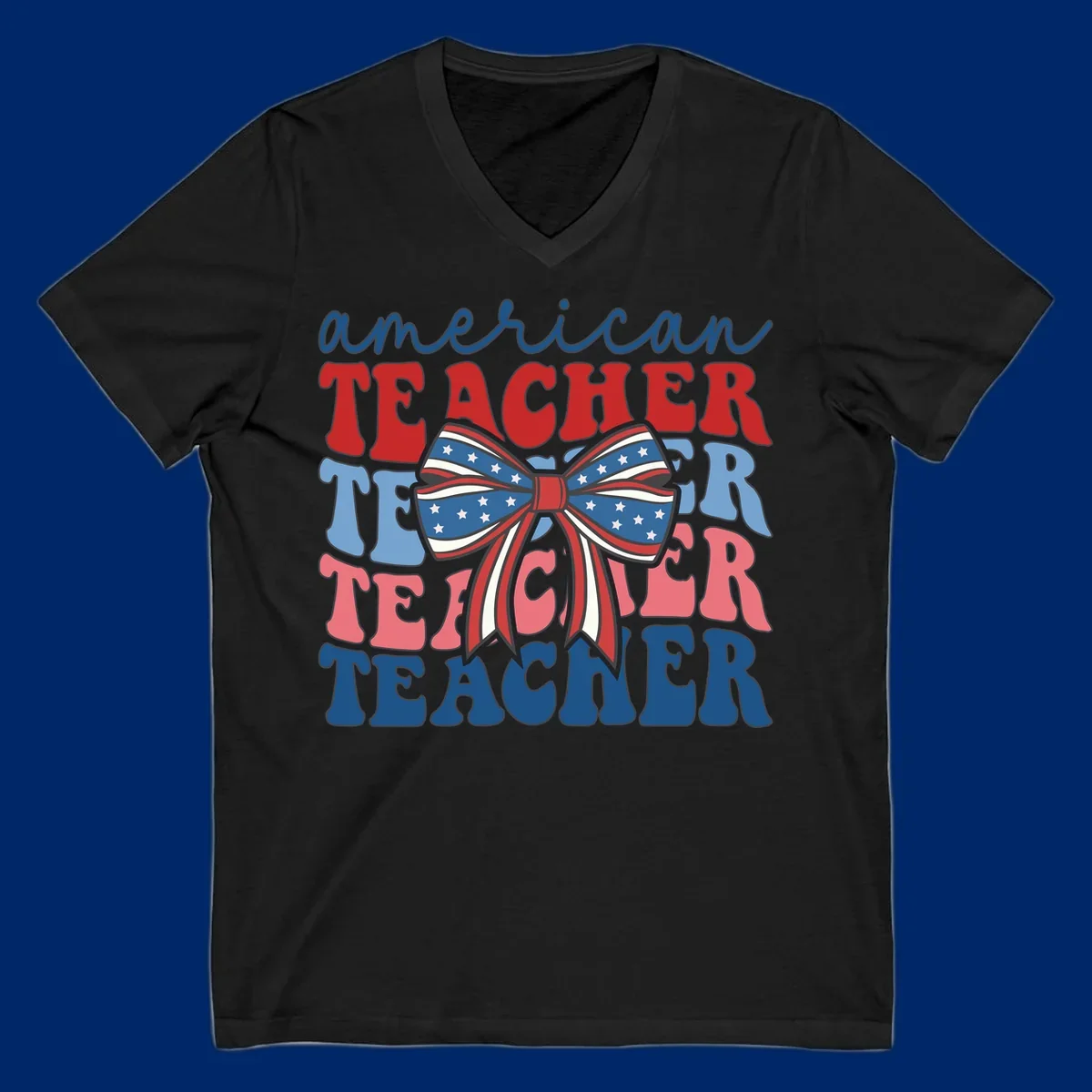 A graphic design reading 'american TEACHER' with the word TEACHER repeated four times, featuring a large patriotic American flag bow with stars and stripes. The text is in red, blue, and pink colors, outlined in dark gray.