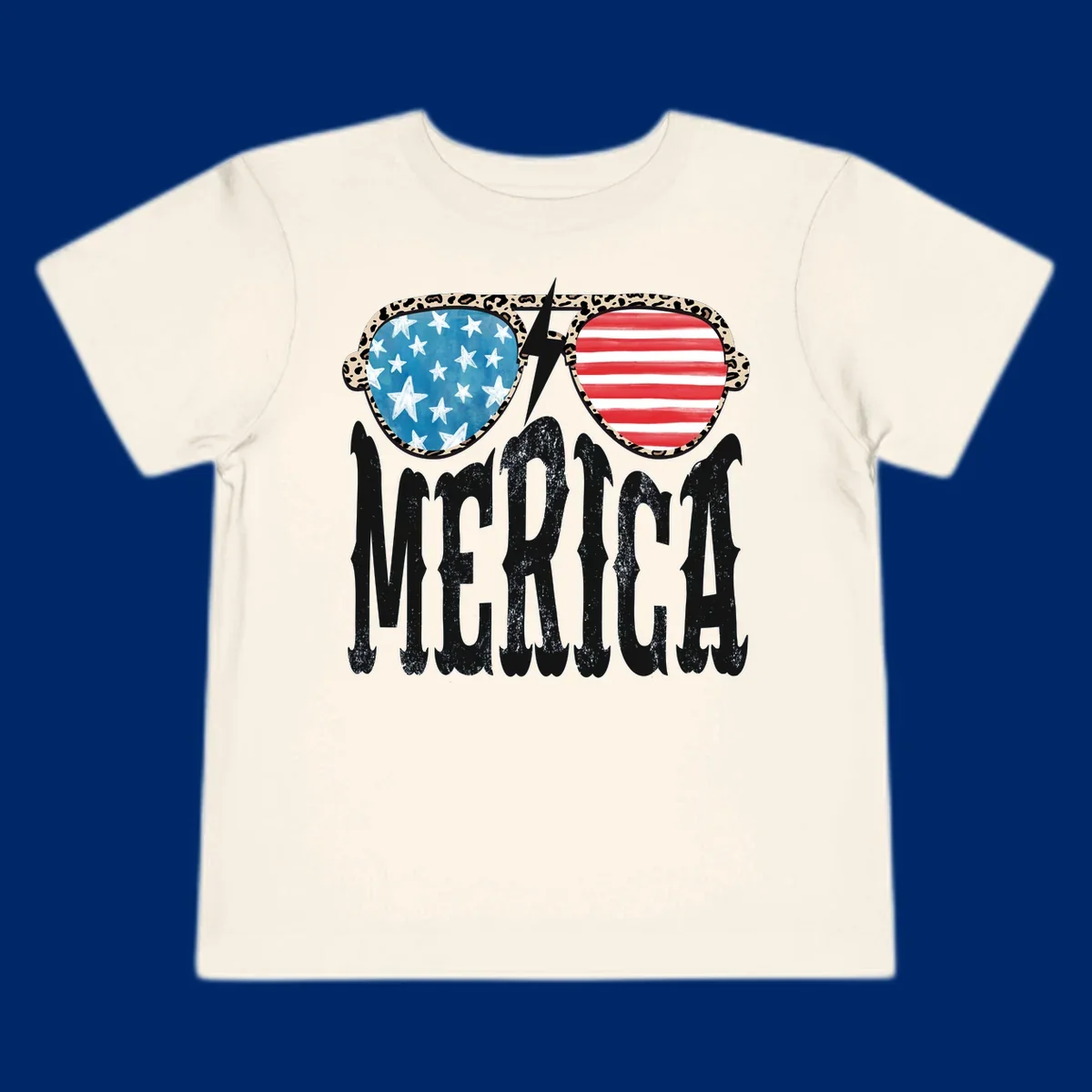 Leopard print frame sunglasses with American flag lenses and a lightning bolt, above the distressed text 'MERICA'. This leopard-merica-sunglasses design is perfect for patriotic celebrations.