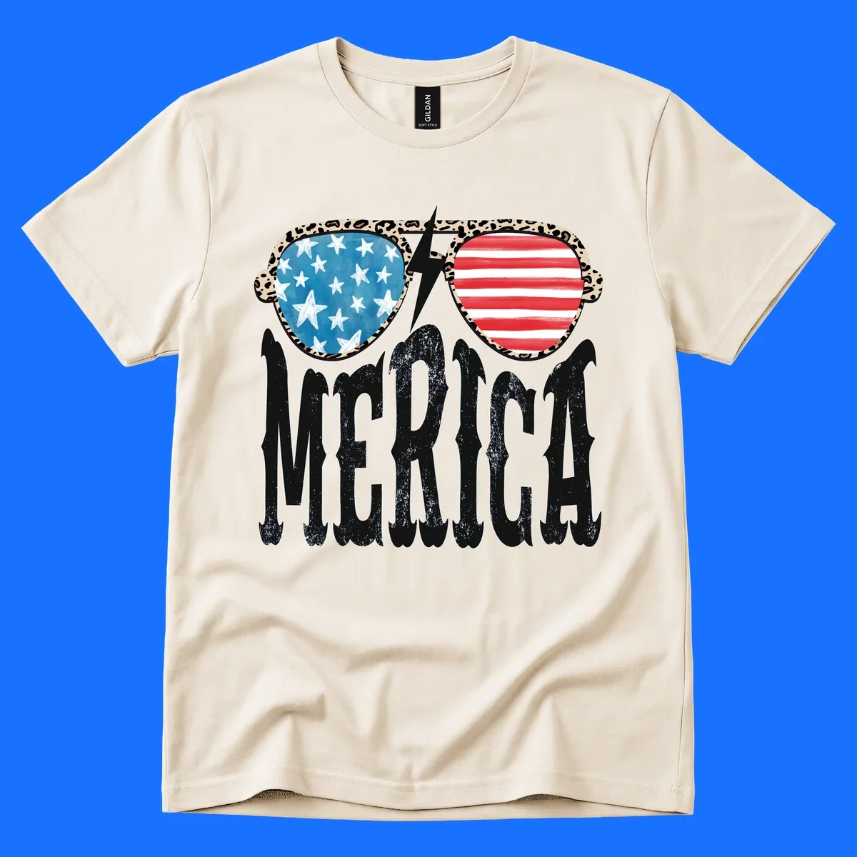 Leopard print frame sunglasses with American flag lenses and a lightning bolt, above the distressed text 'MERICA'. This leopard-merica-sunglasses design is perfect for patriotic celebrations.