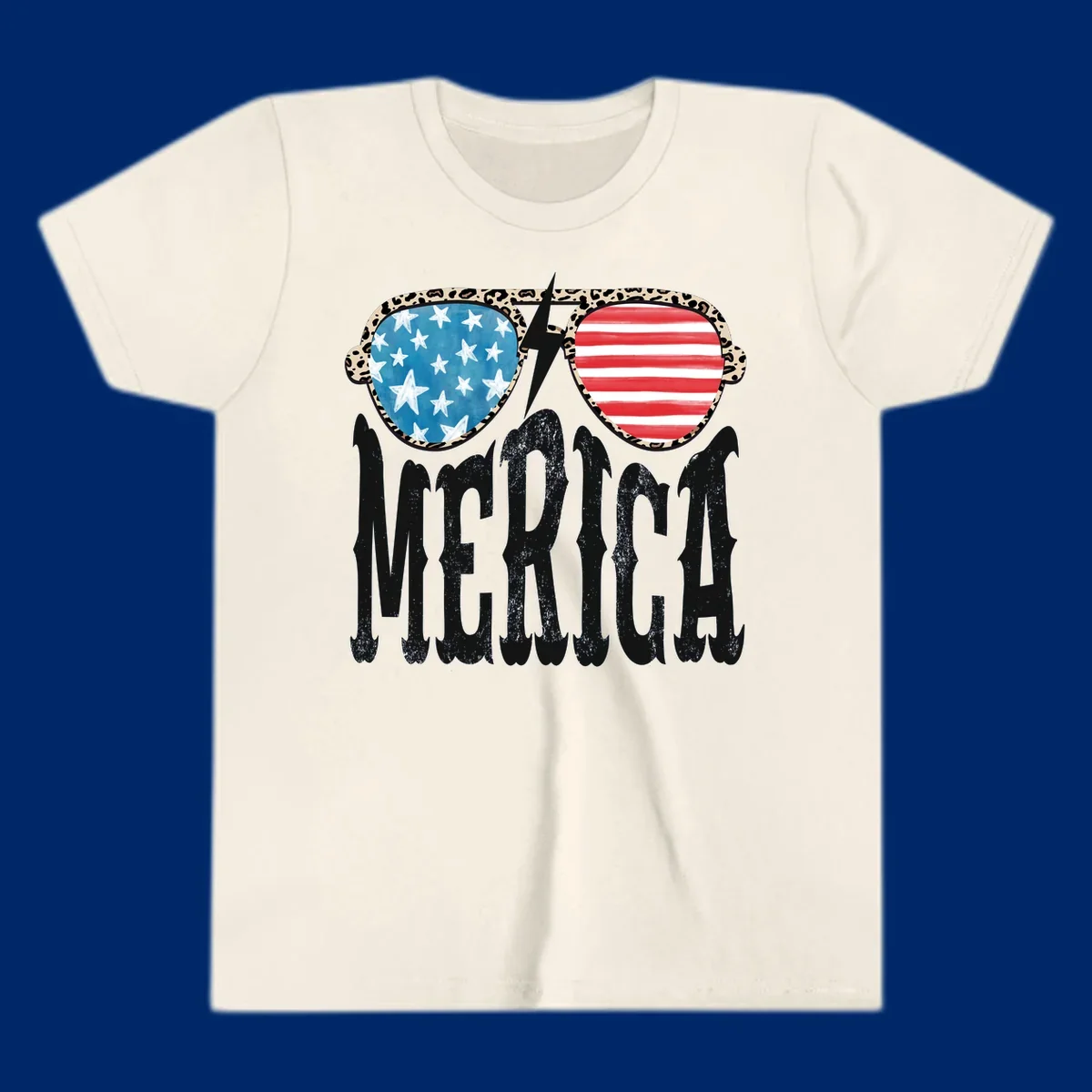 Leopard print frame sunglasses with American flag lenses and a lightning bolt, above the distressed text 'MERICA'. This leopard-merica-sunglasses design is perfect for patriotic celebrations.