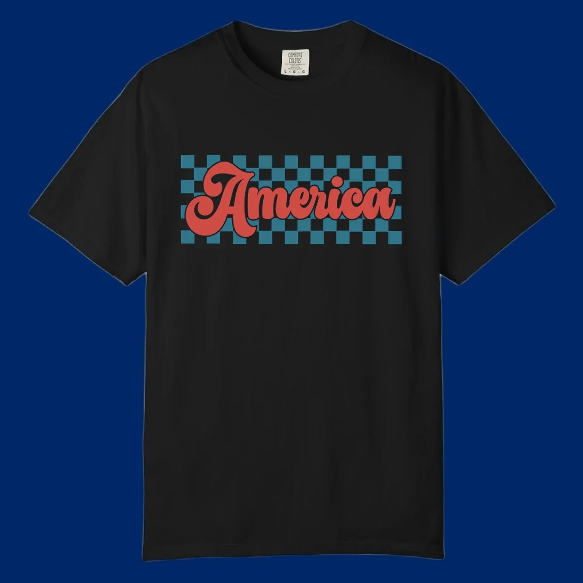 The word 'America' in a red, retro, cursive font with a black outline, set against a teal and white checkerboard pattern. Features america-retro-checkerboard concept.