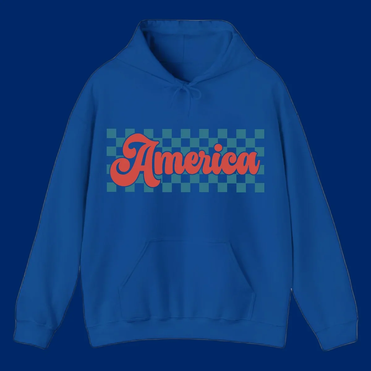 The word 'America' in a red, retro, cursive font with a black outline, set against a teal and white checkerboard pattern. Features america-retro-checkerboard concept.