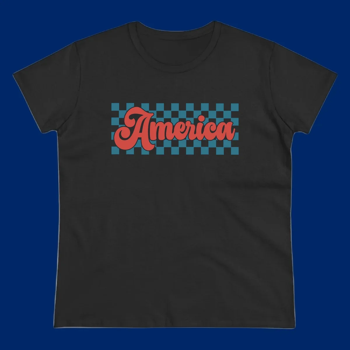 The word 'America' in a red, retro, cursive font with a black outline, set against a teal and white checkerboard pattern. Features america-retro-checkerboard concept.