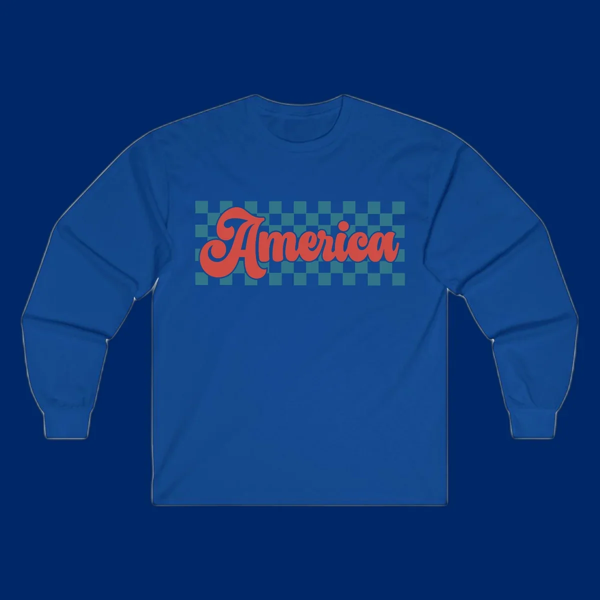 The word 'America' in a red, retro, cursive font with a black outline, set against a teal and white checkerboard pattern. Features america-retro-checkerboard concept.