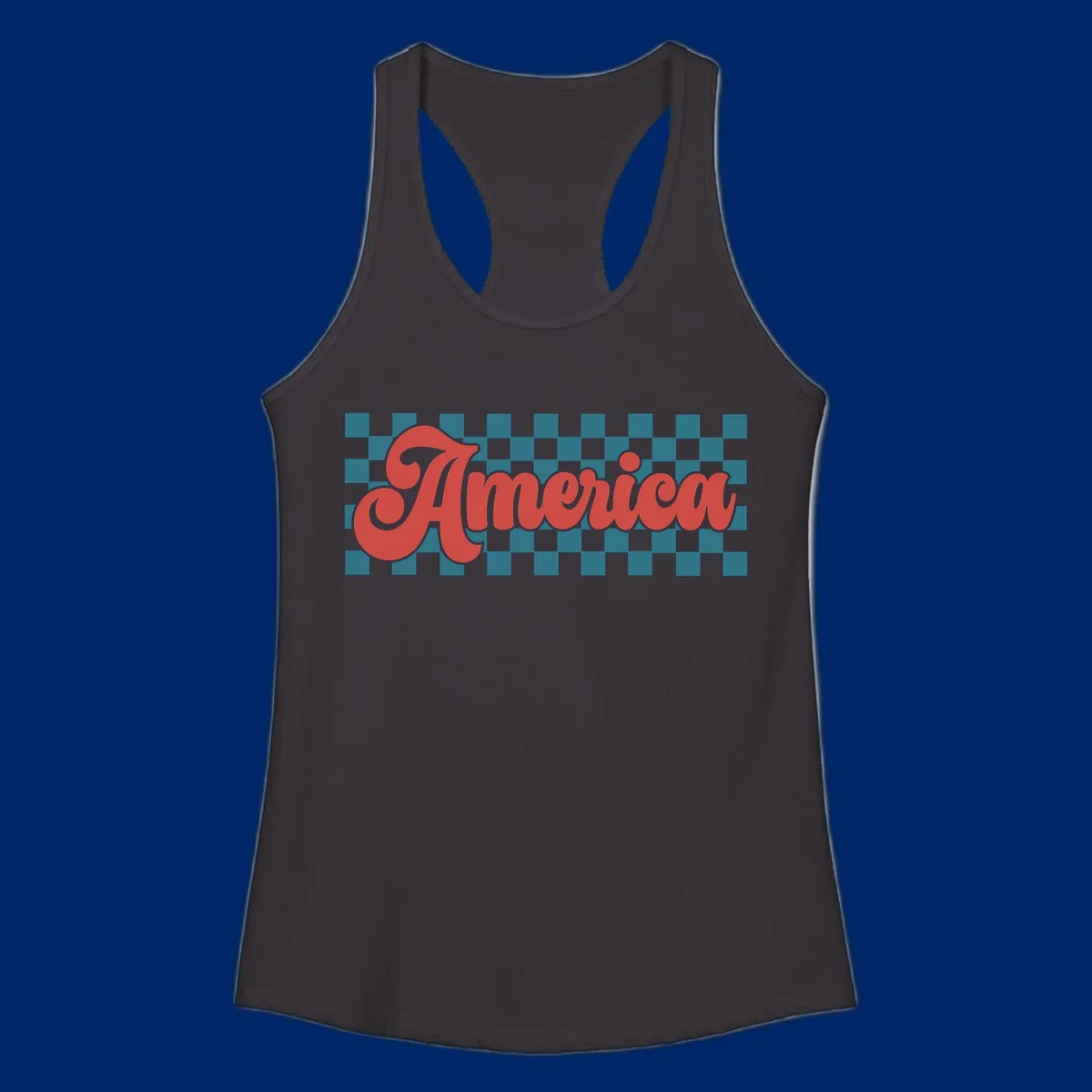 The word 'America' in a red, retro, cursive font with a black outline, set against a teal and white checkerboard pattern. Features america-retro-checkerboard concept.