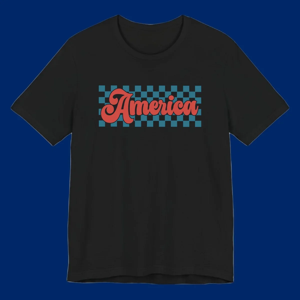 The word 'America' in a red, retro, cursive font with a black outline, set against a teal and white checkerboard pattern. Features america-retro-checkerboard concept.