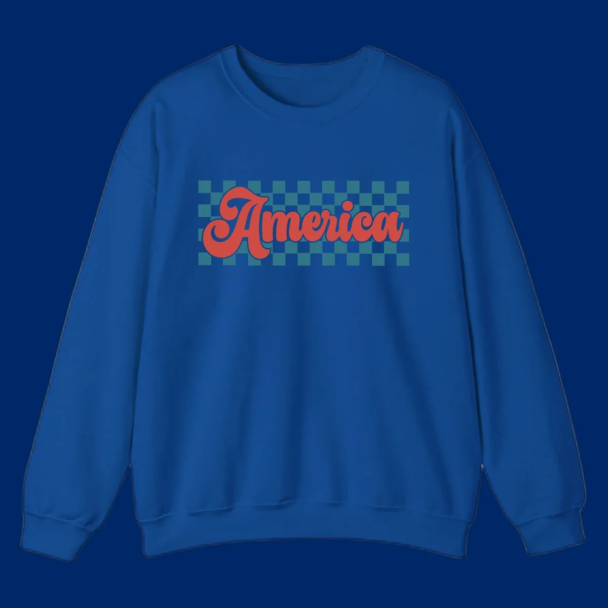 The word 'America' in a red, retro, cursive font with a black outline, set against a teal and white checkerboard pattern. Features america-retro-checkerboard concept.