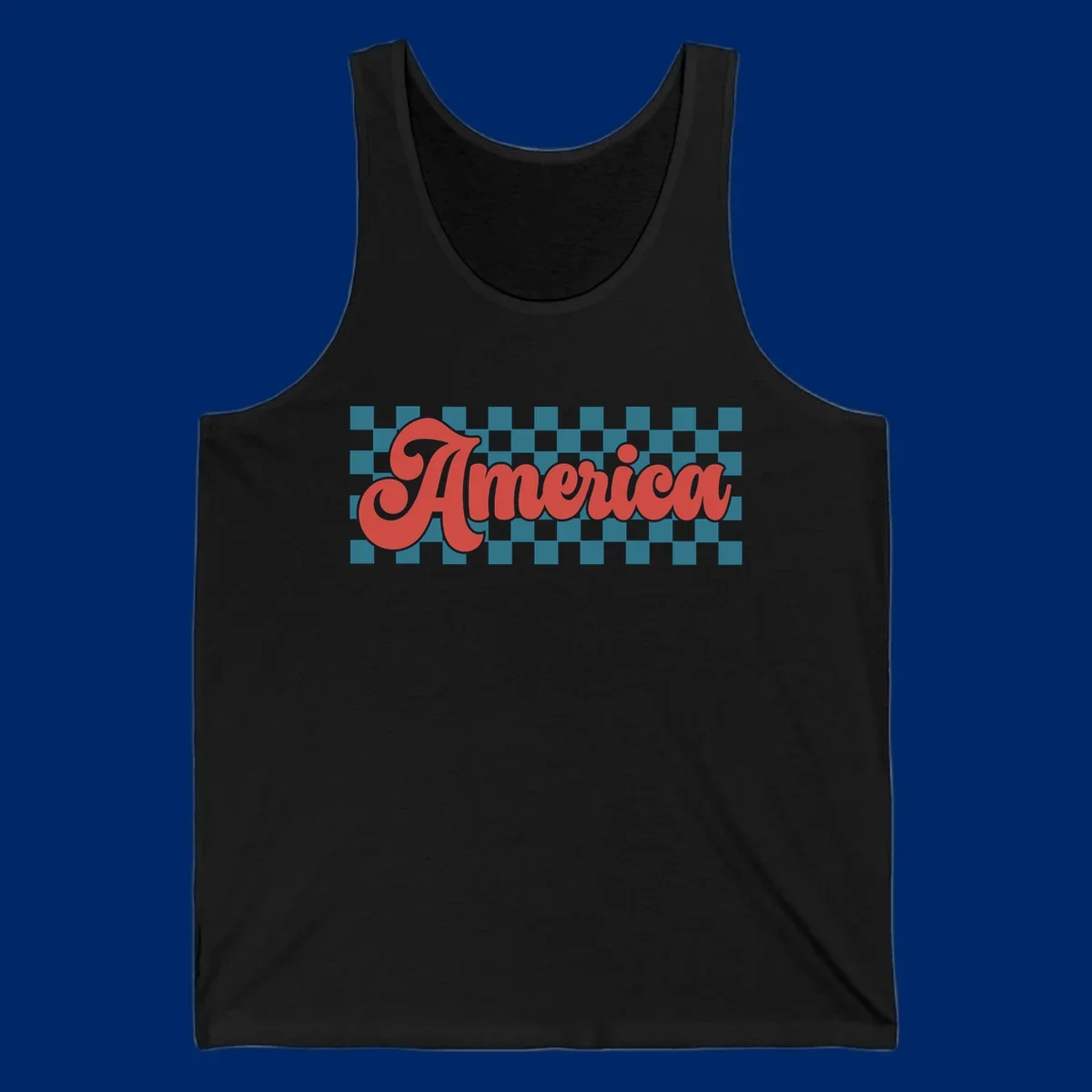 The word 'America' in a red, retro, cursive font with a black outline, set against a teal and white checkerboard pattern. Features america-retro-checkerboard concept.
