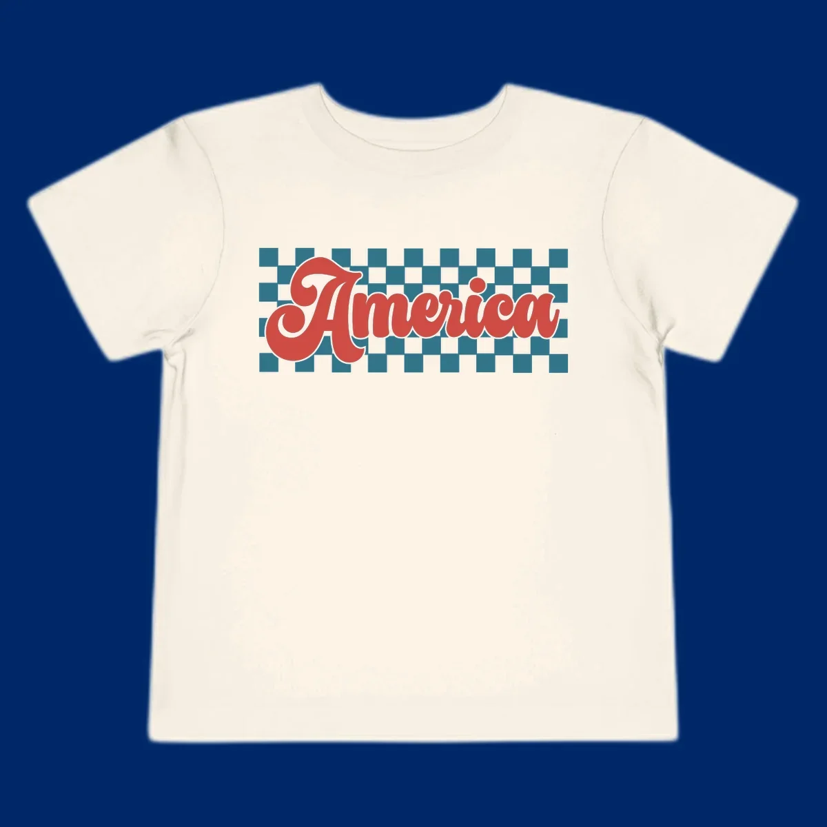 The word 'America' in a red, retro, cursive font with a black outline, set against a teal and white checkerboard pattern. Features america-retro-checkerboard concept.
