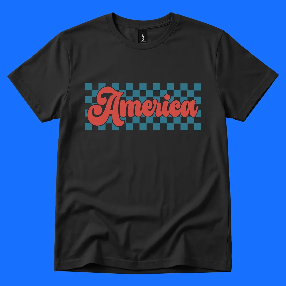 The word 'America' in a red, retro, cursive font with a black outline, set against a teal and white checkerboard pattern. Features america-retro-checkerboard concept.