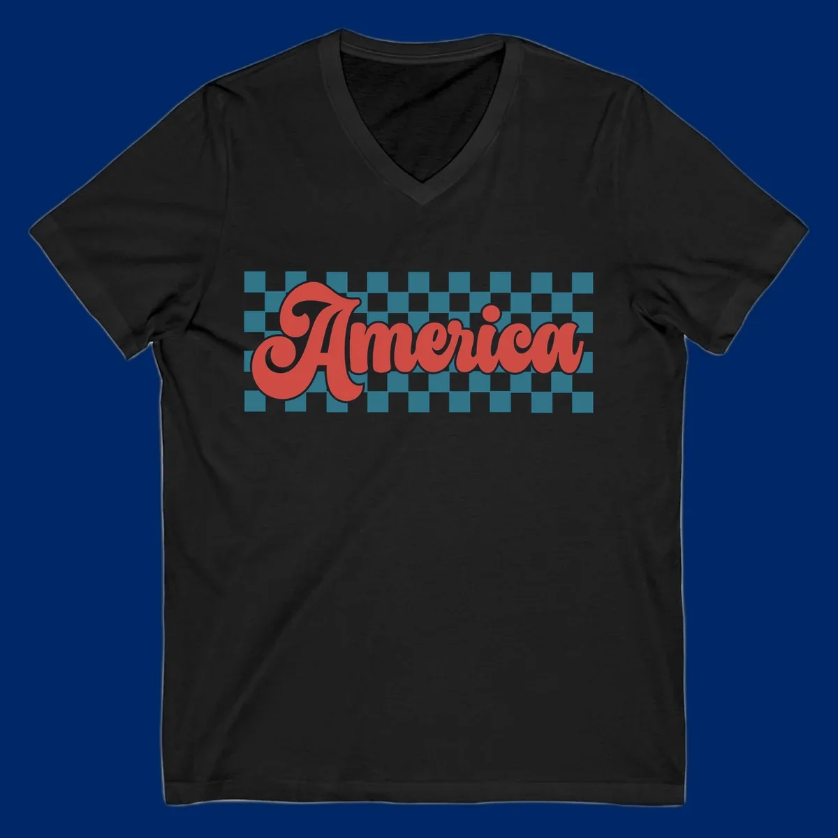 The word 'America' in a red, retro, cursive font with a black outline, set against a teal and white checkerboard pattern. Features america-retro-checkerboard concept.