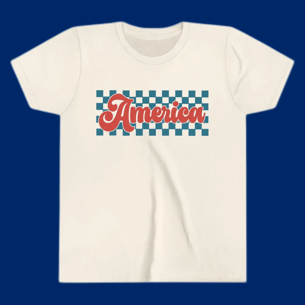 The word 'America' in a red, retro, cursive font with a black outline, set against a teal and white checkerboard pattern. Features america-retro-checkerboard concept.