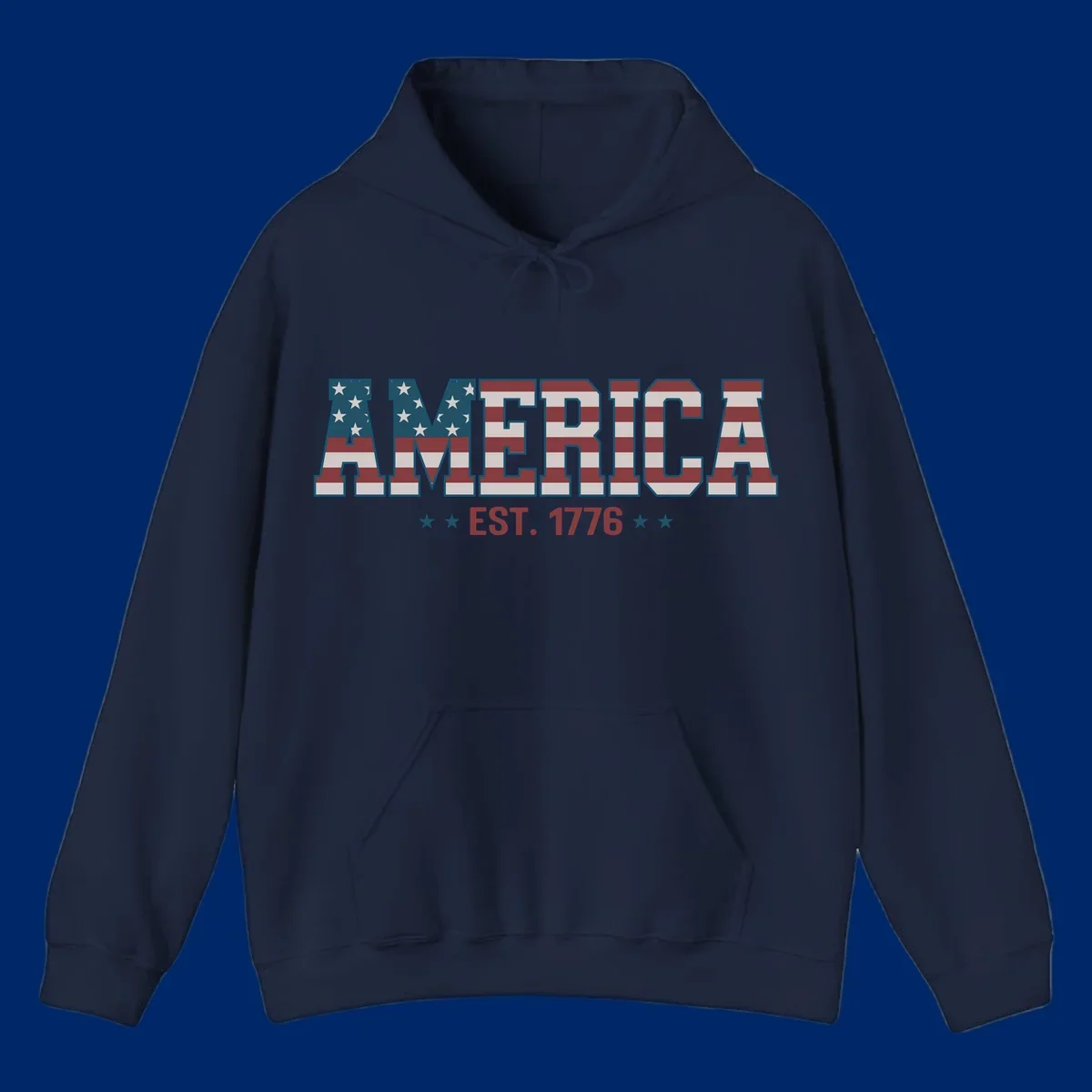 The word AMERICA in large block letters filled with a distressed American flag pattern, with EST. 1776 below flanked by stars, representing america-established-1776.