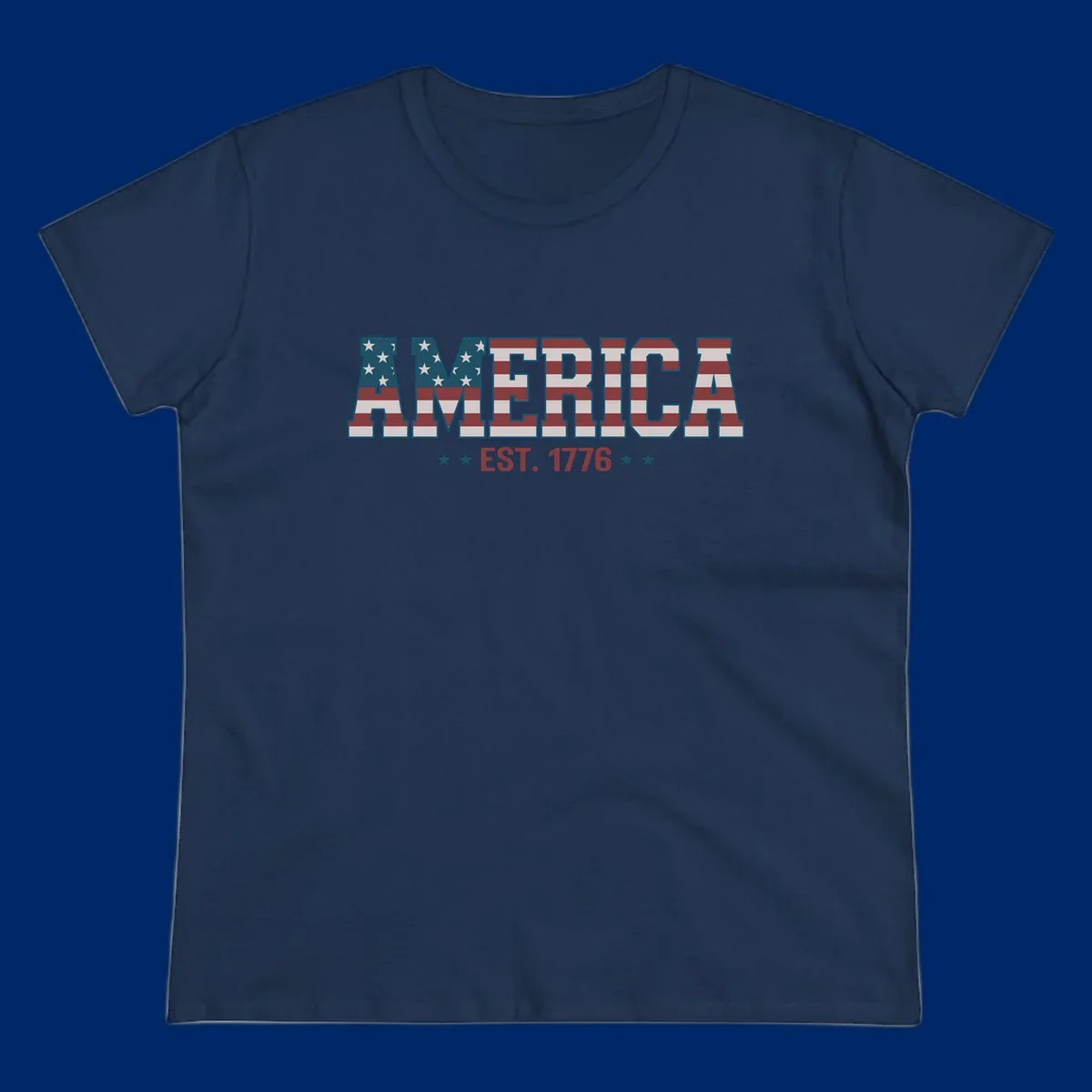 The word AMERICA in large block letters filled with a distressed American flag pattern, with EST. 1776 below flanked by stars, representing america-established-1776.