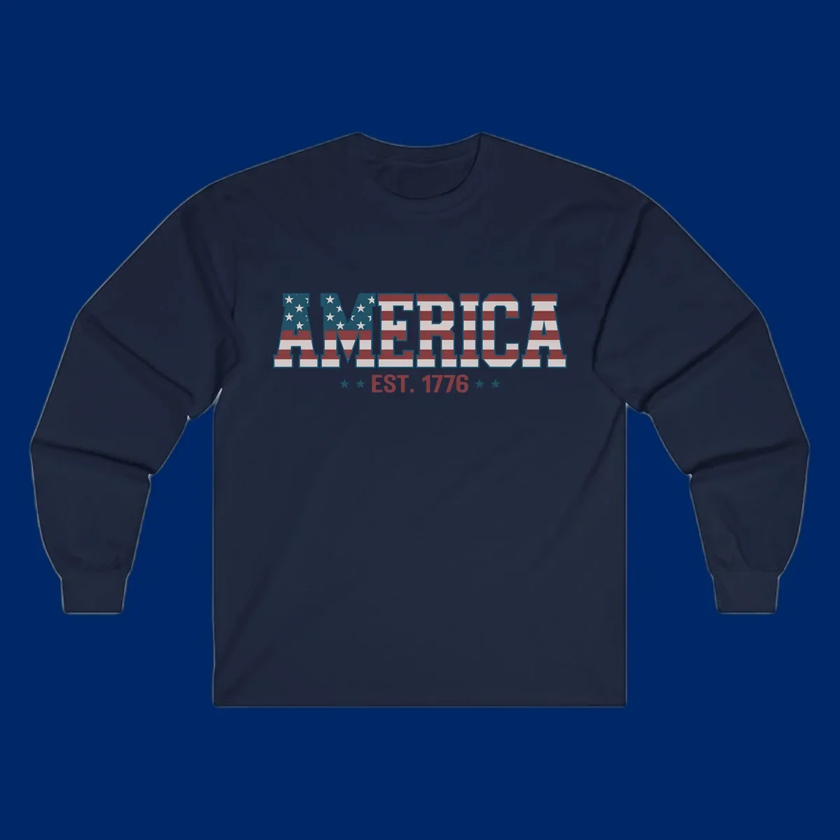 The word AMERICA in large block letters filled with a distressed American flag pattern, with EST. 1776 below flanked by stars, representing america-established-1776.