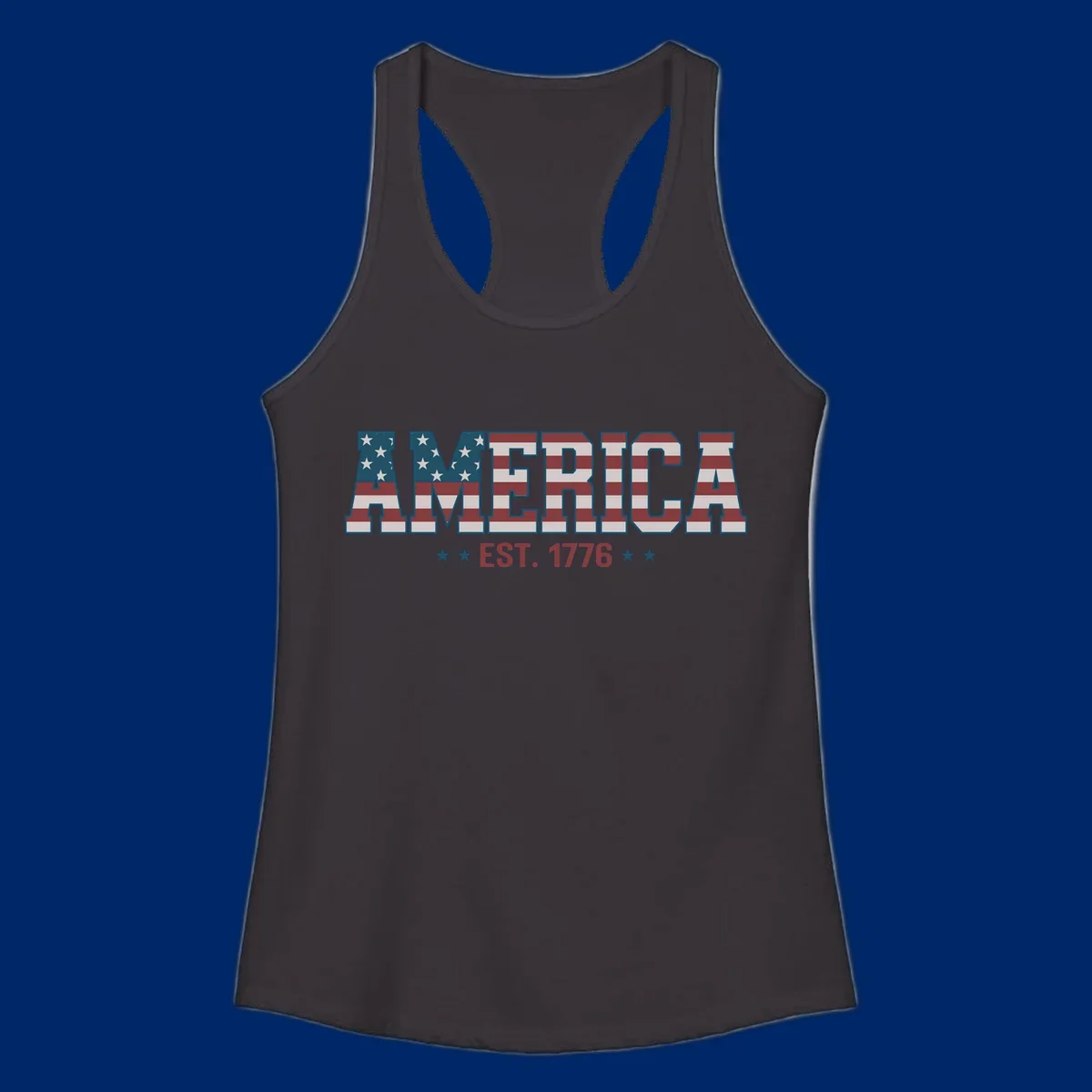 The word AMERICA in large block letters filled with a distressed American flag pattern, with EST. 1776 below flanked by stars, representing america-established-1776.