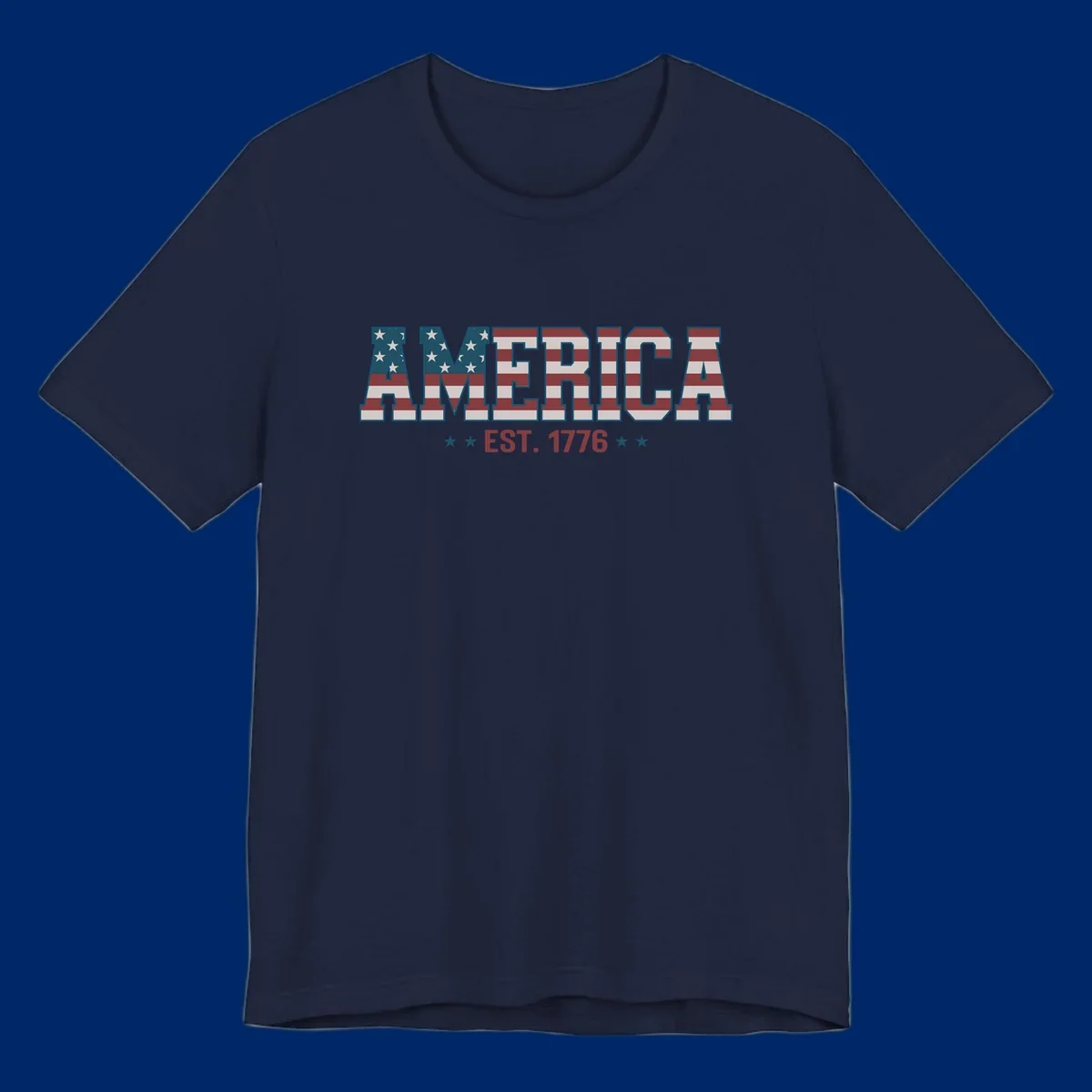 The word AMERICA in large block letters filled with a distressed American flag pattern, with EST. 1776 below flanked by stars, representing america-established-1776.