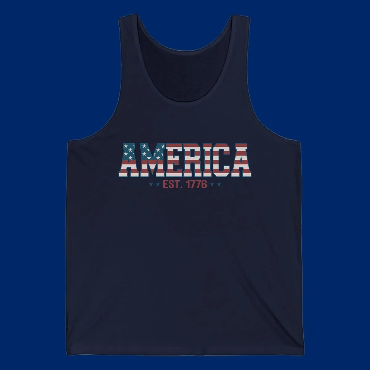 The word AMERICA in large block letters filled with a distressed American flag pattern, with EST. 1776 below flanked by stars, representing america-established-1776.