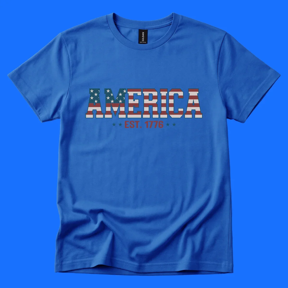 The word AMERICA in large block letters filled with a distressed American flag pattern, with EST. 1776 below flanked by stars, representing america-established-1776.