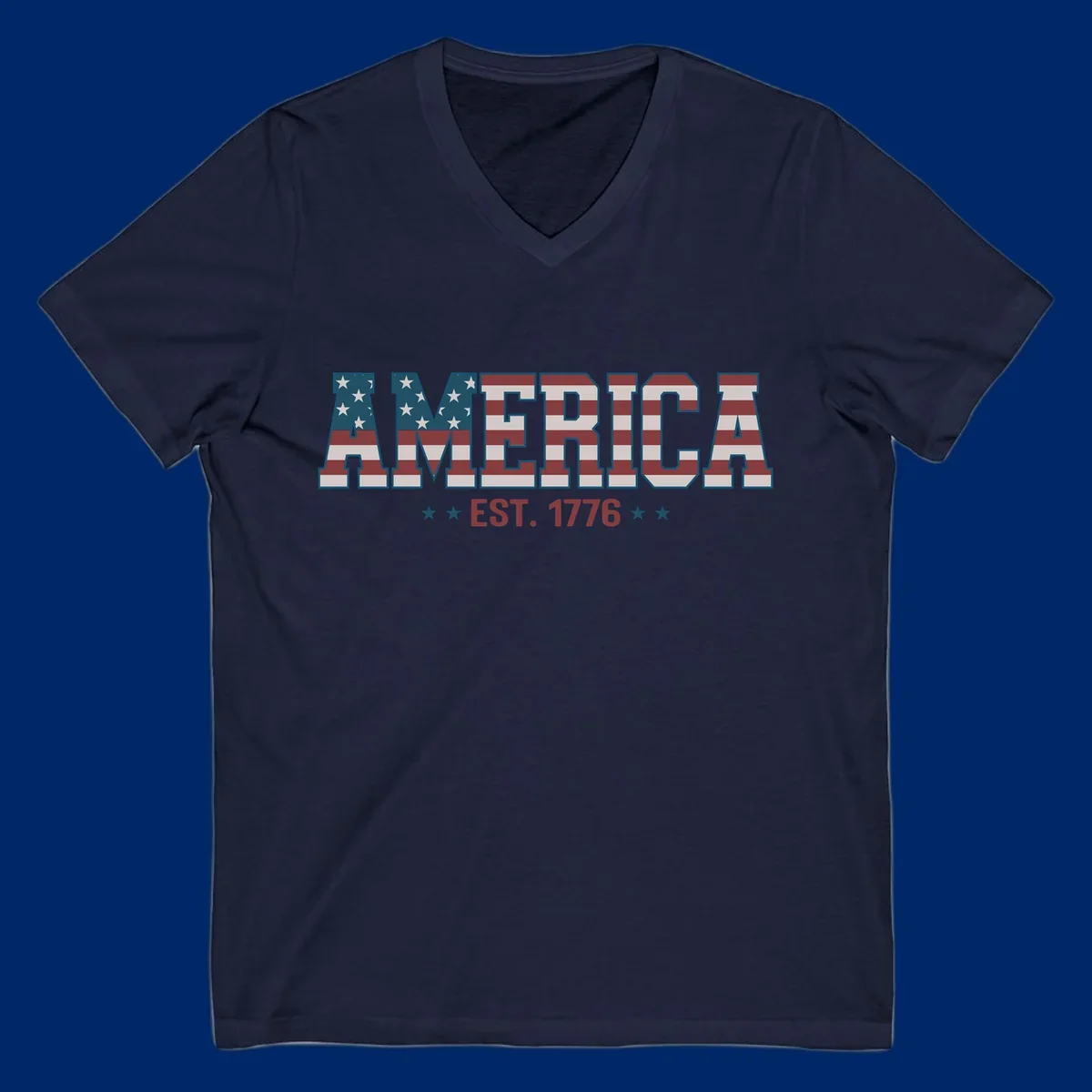 The word AMERICA in large block letters filled with a distressed American flag pattern, with EST. 1776 below flanked by stars, representing america-established-1776.