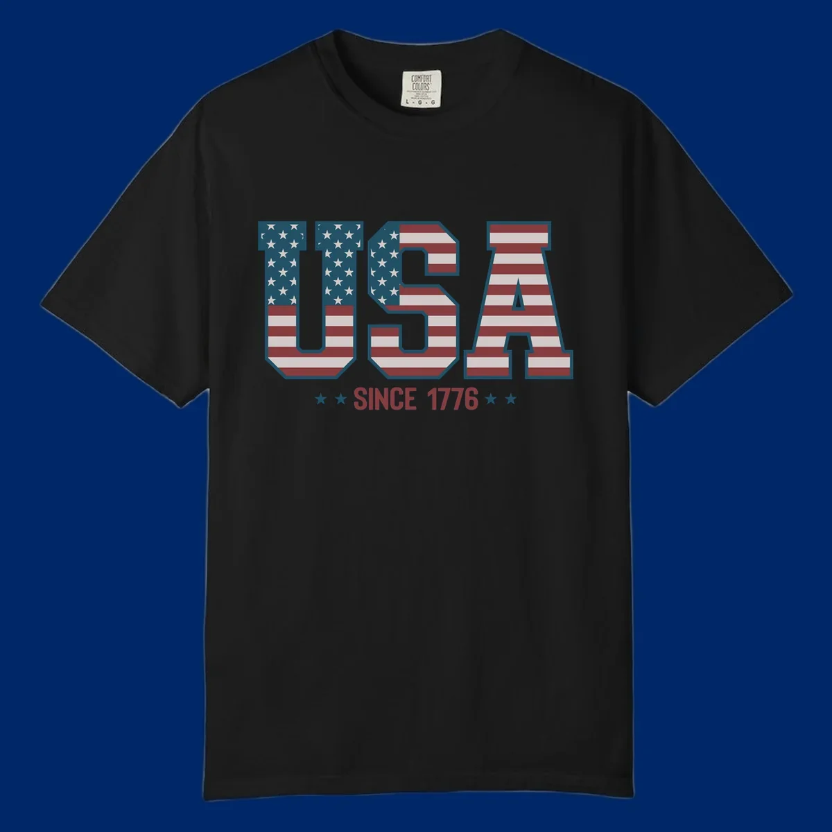 USA Since 1776 patriotic design with American flag pattern letters and stars below the text.